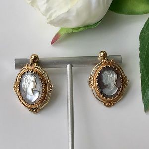 Antique 14k Yellow Gold MOP Cameo Pierced Dangle Earrings